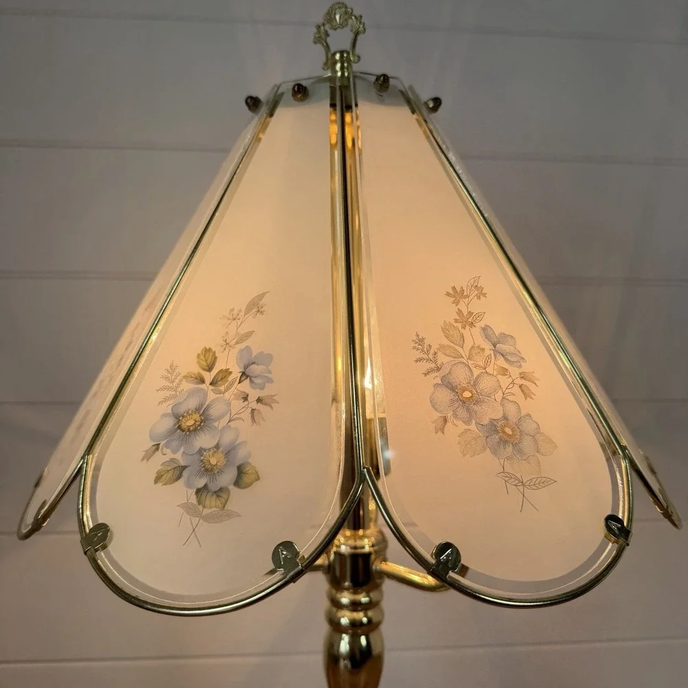 Vtg 3 Way Touch Lamp Brass Floral Glass Panel 90's Y2K Cottagecore Retro WORKS